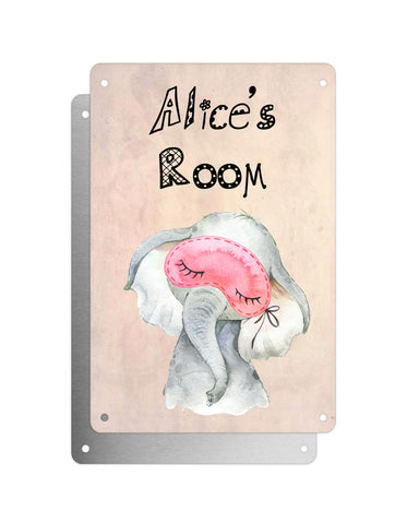 Cute Animal Personalised Name Plaque – Baby Elephant With Sleep Mask | Vintage-Style Aluminium Sign for Kids’ Room