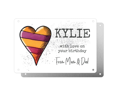 Personalised Graveside Plaque, Aluminium Bereavement Sheet, Metal Sign, Orange Purple & Red Heart, Remembrance Gift