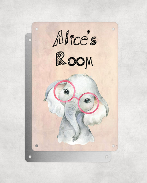 Cute Animal Personalised Name Plaque – Baby Elephant With Pink Glasses | Vintage-Style Aluminium Sign for Kids’ Room