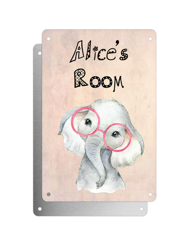Cute Animal Personalised Name Plaque – Baby Elephant With Pink Glasses | Vintage-Style Aluminium Sign for Kids’ Room
