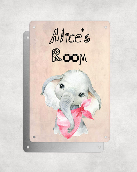 Cute Animal Personalised Name Plaque – Baby Elephant With Pink Neck Tie | Vintage-Style Aluminium Sign for Kids’ Room