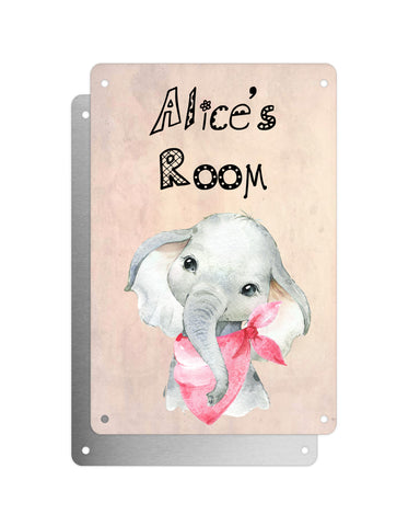 Cute Animal Personalised Name Plaque – Baby Elephant With Pink Neck Tie | Vintage-Style Aluminium Sign for Kids’ Room