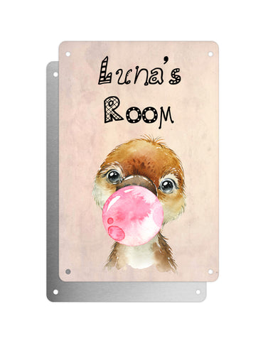 Cute Animal Personalised Name Plaque – Baby Platypus With Bubblegum | Vintage-Style Aluminium Sign for Kids’ Room