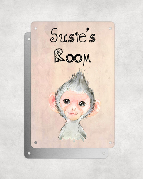 Cute Animal Personalised Name Plaque – Baby Monkey | Vintage-Style Aluminium Sign for Kids’ Room