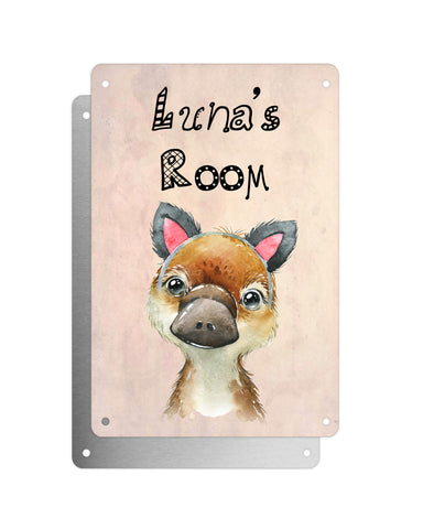 Cute Animal Personalised Name Plaque – Baby Platypus With Cat Ears | Vintage-Style Aluminium Sign for Kids’ Room