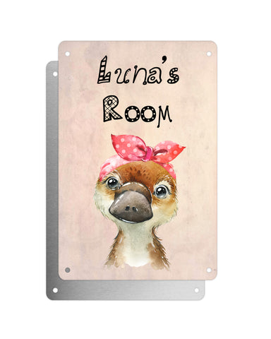 Cute Animal Personalised Name Plaque – Baby Platypus With Head Tie | Vintage-Style Aluminium Sign for Kids’ Room
