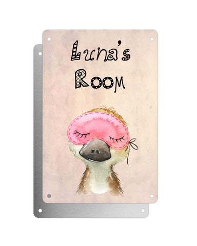 Cute Animal Personalised Name Plaque – Baby Platypus With Sleep Mask | Vintage-Style Aluminium Sign for Kids’ Room