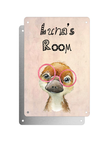 Cute Animal Personalised Name Plaque – Baby Platypus With Pink Glasses | Vintage-Style Aluminium Sign for Kids’ Room