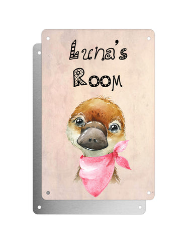 Cute Animal Personalised Name Plaque – Baby Platypus With Pink Neck Tie | Vintage-Style Aluminium Sign for Kids’ Room