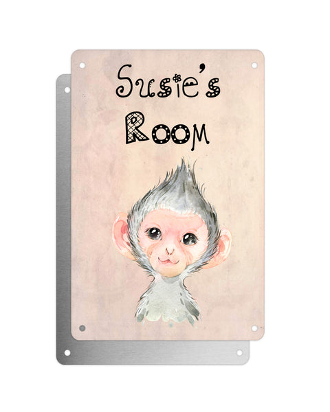 Cute Animal Personalised Name Plaque – Baby Monkey | Vintage-Style Aluminium Sign for Kids’ Room