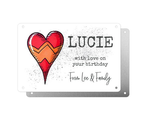 Personalised Graveside Plaque, Aluminium Bereavement Sheet, Metal Sign, Orange & Red Heart, Remembrance Gift