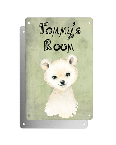 Cute Animal Personalised Name Plaque – Little Polar Bear | Vintage-Style Green Aluminium Sign for Kids’ Room