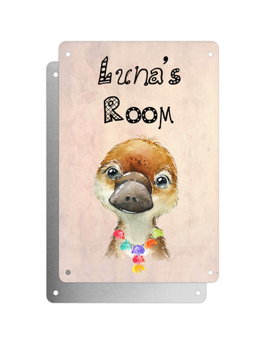 Cute Animal Personalised Name Plaque – Baby Platypus With Hawaiian Lei | Vintage-Style Aluminium Sign for Kids’ Room