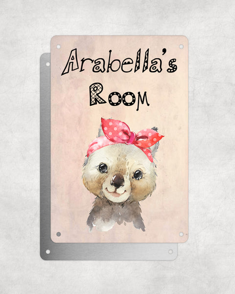Cute Animal Personalised Name Plaque – Baby Wombat With Head Tie | Vintage-Style Aluminium Sign for Kids’ Room