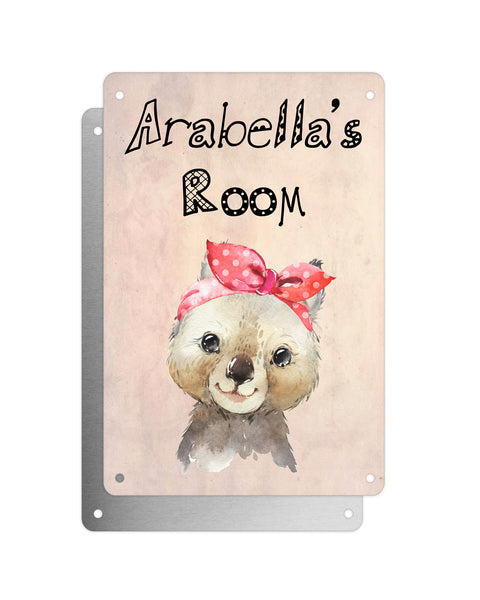 Cute Animal Personalised Name Plaque – Baby Wombat With Head Tie | Vintage-Style Aluminium Sign for Kids’ Room