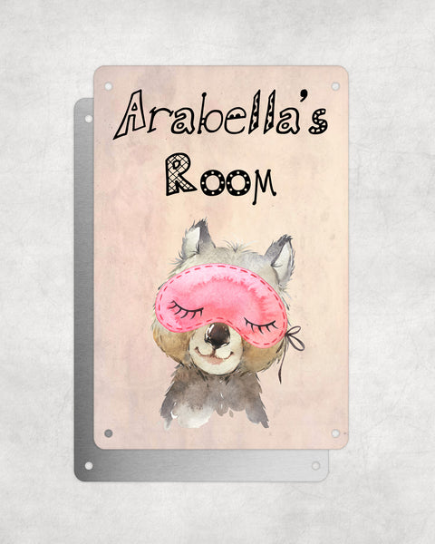 Cute Animal Personalised Name Plaque – Baby Wombat With Sleep Mask | Vintage-Style Aluminium Sign for Kids’ Room