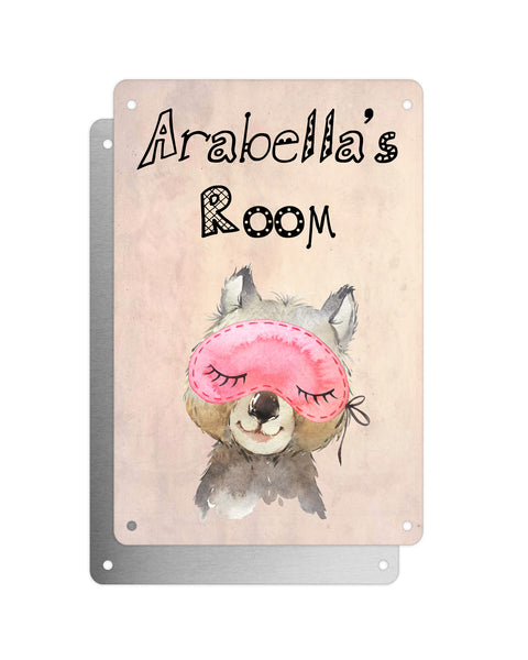 Cute Animal Personalised Name Plaque – Baby Wombat With Sleep Mask | Vintage-Style Aluminium Sign for Kids’ Room