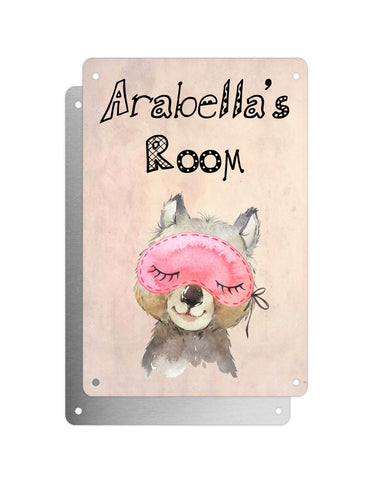 Cute Animal Personalised Name Plaque – Baby Wombat With Sleep Mask | Vintage-Style Aluminium Sign for Kids’ Room