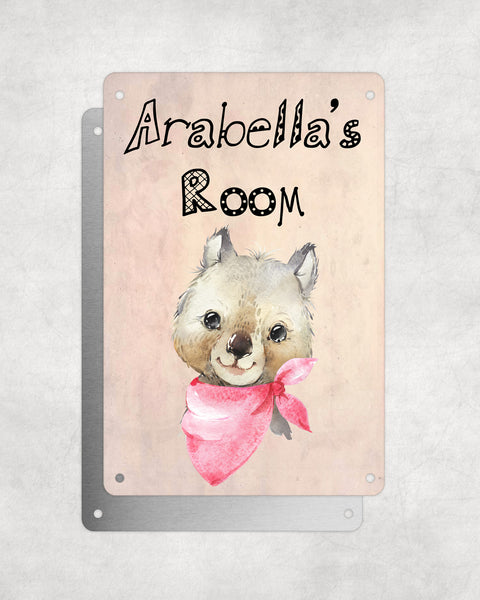 Cute Animal Personalised Name Plaque – Baby Wombat With Pink Neck Tie | Vintage-Style Aluminium Sign for Kids’ Room