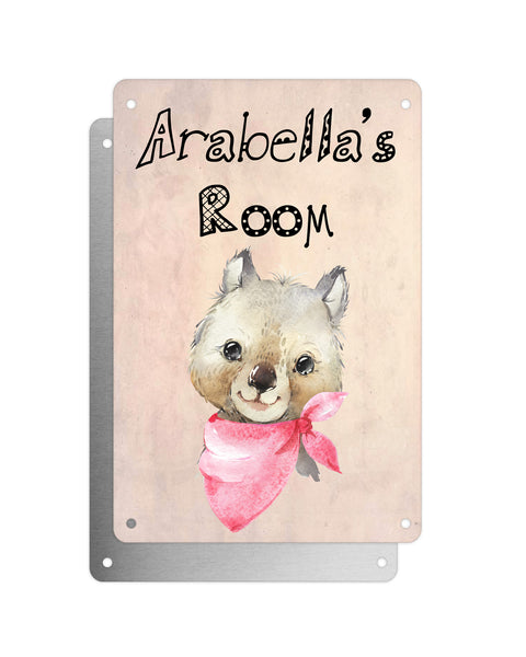 Cute Animal Personalised Name Plaque – Baby Wombat With Pink Neck Tie | Vintage-Style Aluminium Sign for Kids’ Room