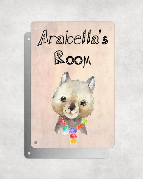 Cute Animal Personalised Name Plaque – Baby Wombat With Hawaiian Lei | Vintage-Style Aluminium Sign for Kids’ Room