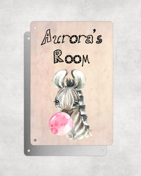 Cute Animal Personalised Name Plaque – Baby Zebra With Bubblegum | Vintage-Style Aluminium Sign for Kids’ Room