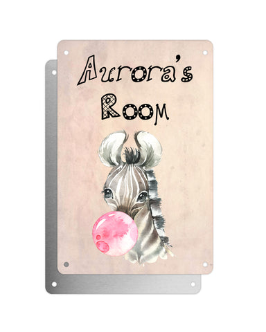 Cute Animal Personalised Name Plaque – Baby Zebra With Bubblegum | Vintage-Style Aluminium Sign for Kids’ Room