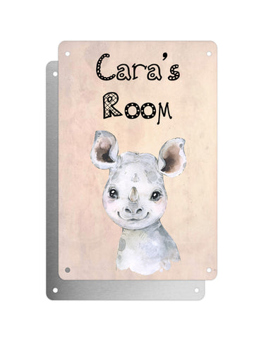 Cute Animal Personalised Name Plaque – Baby Rhino | Vintage-Style Aluminium Sign for Kids’ Room