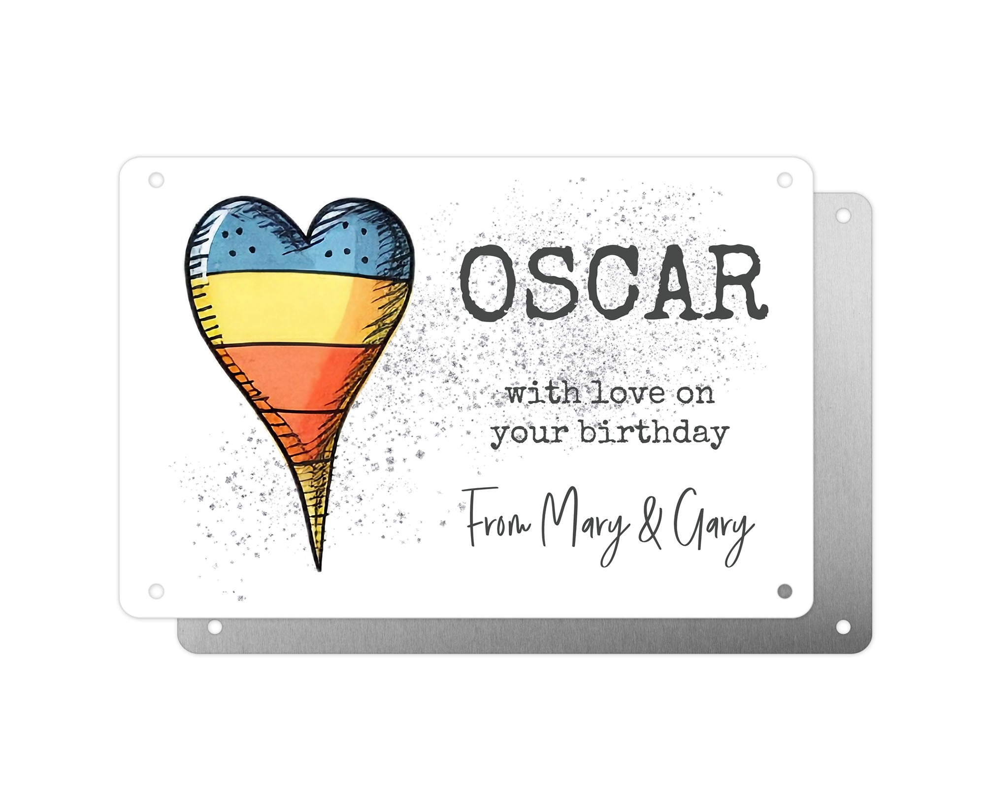 Personalised Graveside Plaque, Aluminium Bereavement Sheet, Metal Sign, Blue, Yellow & Orange Heart, Remembrance Gift