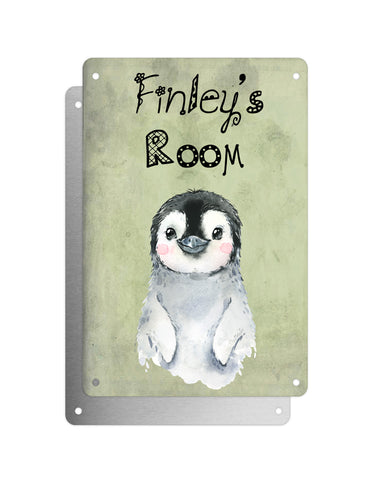 Cute Animal Personalised Name Plaque – Baby Penguin | Vintage-Style Green Aluminium Sign for Kids’ Room