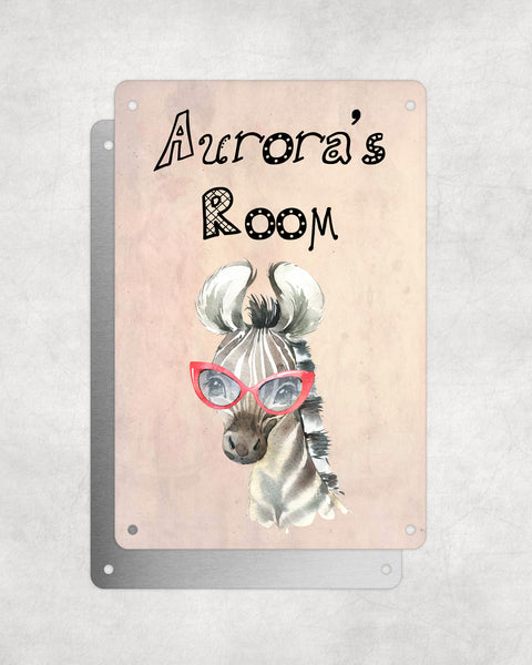 Cute Animal Personalised Name Plaque – Baby Zebra Red Glasses | Vintage-Style Aluminium Sign for Kids’ Room