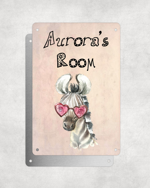 Cute Animal Personalised Name Plaque – Baby Zebra Heart Sunglasses | Vintage-Style Aluminium Sign for Kids’ Room