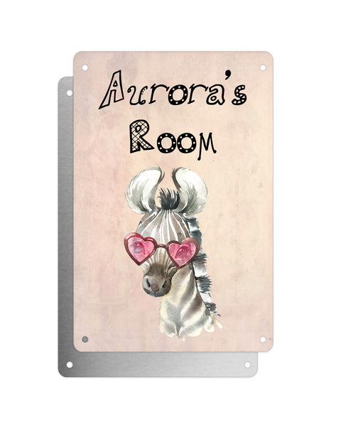 Cute Animal Personalised Name Plaque – Baby Zebra Heart Sunglasses | Vintage-Style Aluminium Sign for Kids’ Room