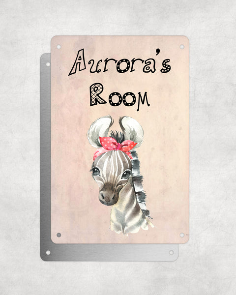Cute Animal Personalised Name Plaque – Baby Zebra Head Tie | Vintage-Style Aluminium Sign for Kids’ Room