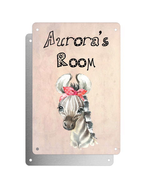 Cute Animal Personalised Name Plaque – Baby Zebra Head Tie | Vintage-Style Aluminium Sign for Kids’ Room