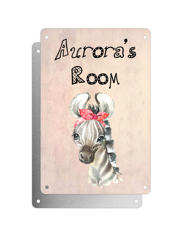 Cute Animal Personalised Name Plaque – Baby Zebra Head Tie | Vintage-Style Aluminium Sign for Kids’ Room