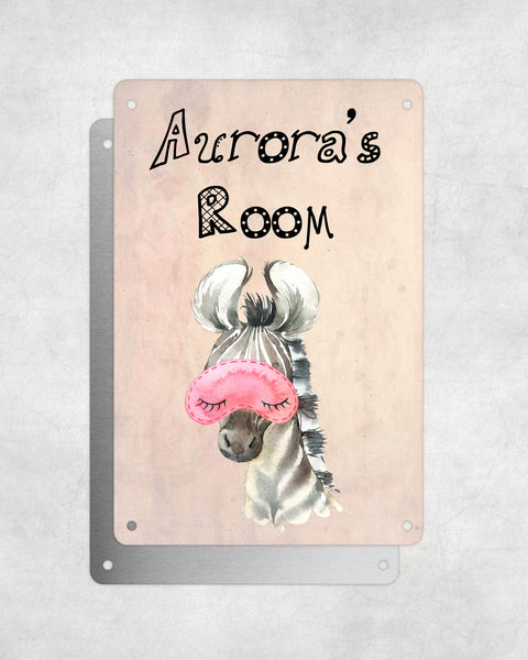 Cute Animal Personalised Name Plaque – Baby Zebra Sleep Mask | Vintage-Style Aluminium Sign for Kids’ Room