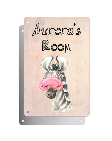 Cute Animal Personalised Name Plaque – Baby Zebra Sleep Mask | Vintage-Style Aluminium Sign for Kids’ Room