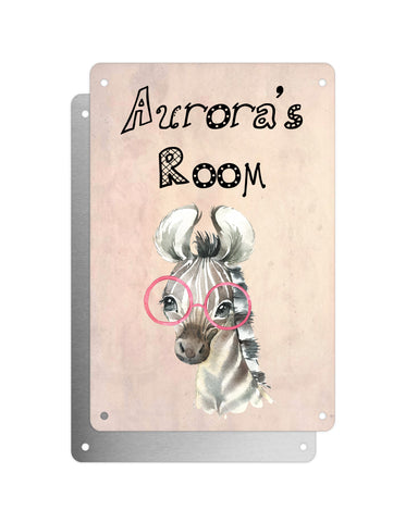 Cute Animal Personalised Name Plaque – Baby Zebra Pink Glasses | Vintage-Style Aluminium Sign for Kids’ Room