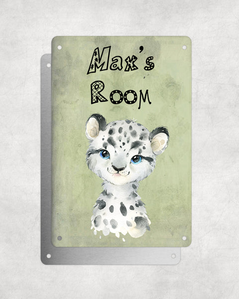 Cute Animal Personalised Name Plaque – Baby Leopard | Vintage-Style Green Aluminium Sign for Kids’ Room