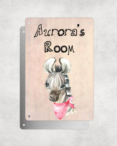 Cute Animal Personalised Name Plaque – Baby Zebra Pink Neck Tie | Vintage-Style Aluminium Sign for Kids’ Room