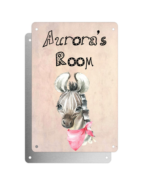 Cute Animal Personalised Name Plaque – Baby Zebra Pink Neck Tie | Vintage-Style Aluminium Sign for Kids’ Room