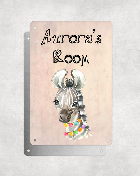 Cute Animal Personalised Name Plaque – Baby Zebra Hawaiian Lei | Vintage-Style Aluminium Sign for Kids’ Room