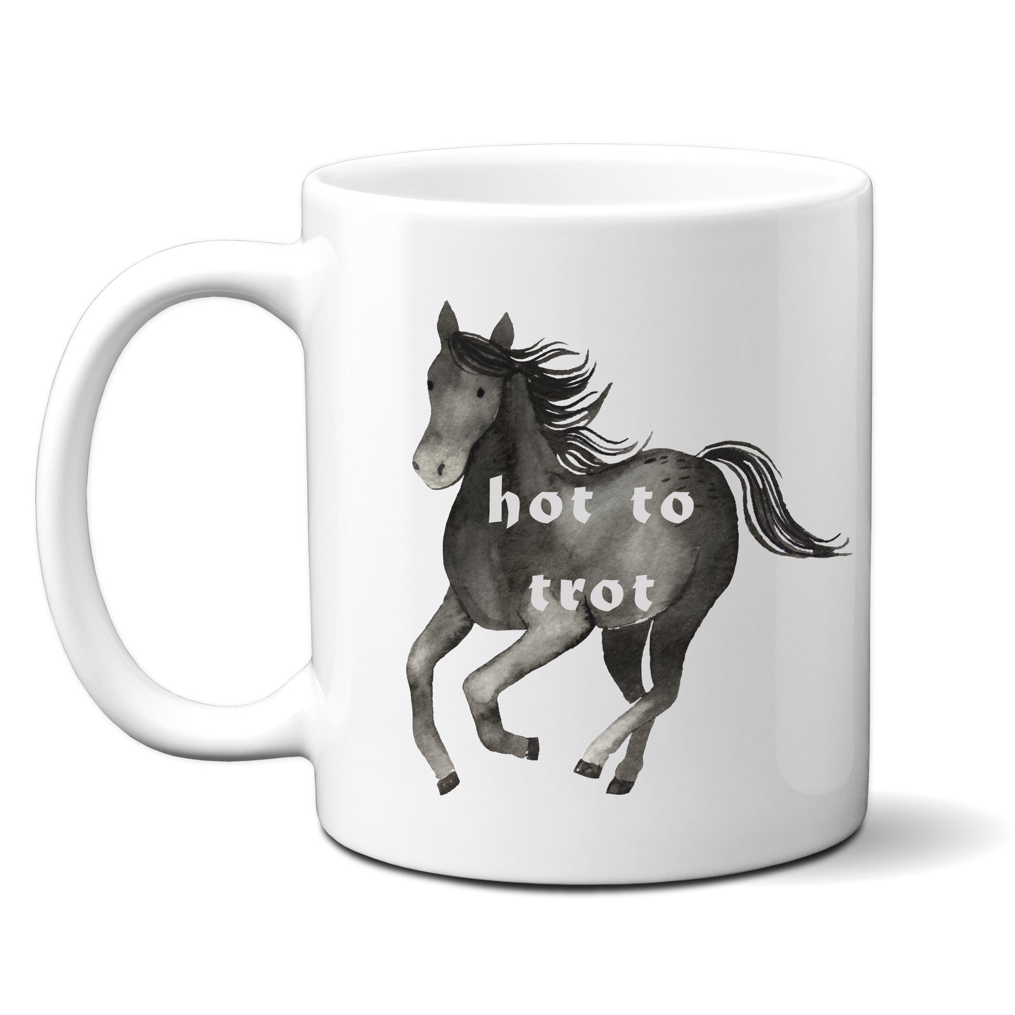Hot To Trot, Funny Birthday Gift with Black Horse Design, Personalised Mug