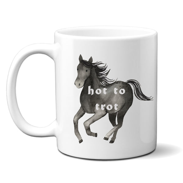Hot To Trot, Funny Birthday Gift with Black Horse Design, Personalised Mug