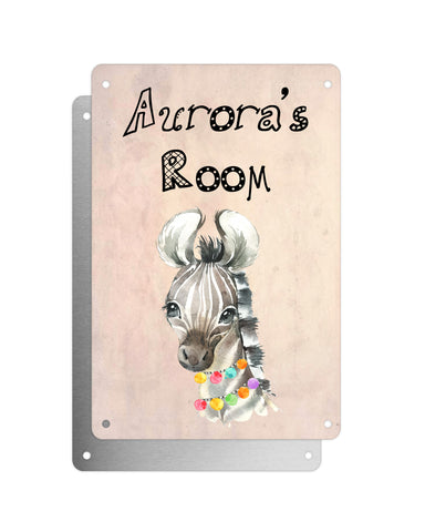 Cute Animal Personalised Name Plaque – Baby Zebra Hawaiian Lei | Vintage-Style Aluminium Sign for Kids’ Room