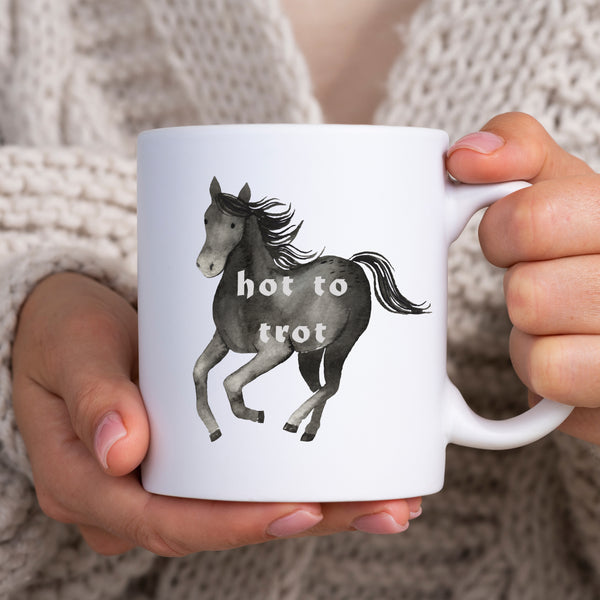 Hot To Trot, Funny Birthday Gift with Black Horse Design, Personalised Mug