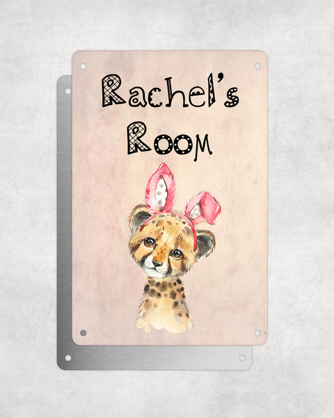Cute Animal Personalised Name Plaque – Baby Cheetah With Bunny Ears | Vintage-Style Aluminium Sign for Kids’ Room