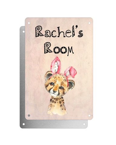 Cute Animal Personalised Name Plaque – Baby Cheetah With Bunny Ears | Vintage-Style Aluminium Sign for Kids’ Room