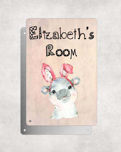Cute Animal Personalised Name Plaque – Baby Hippo With Bunny Ears | Vintage-Style Aluminium Sign for Kids’ Room